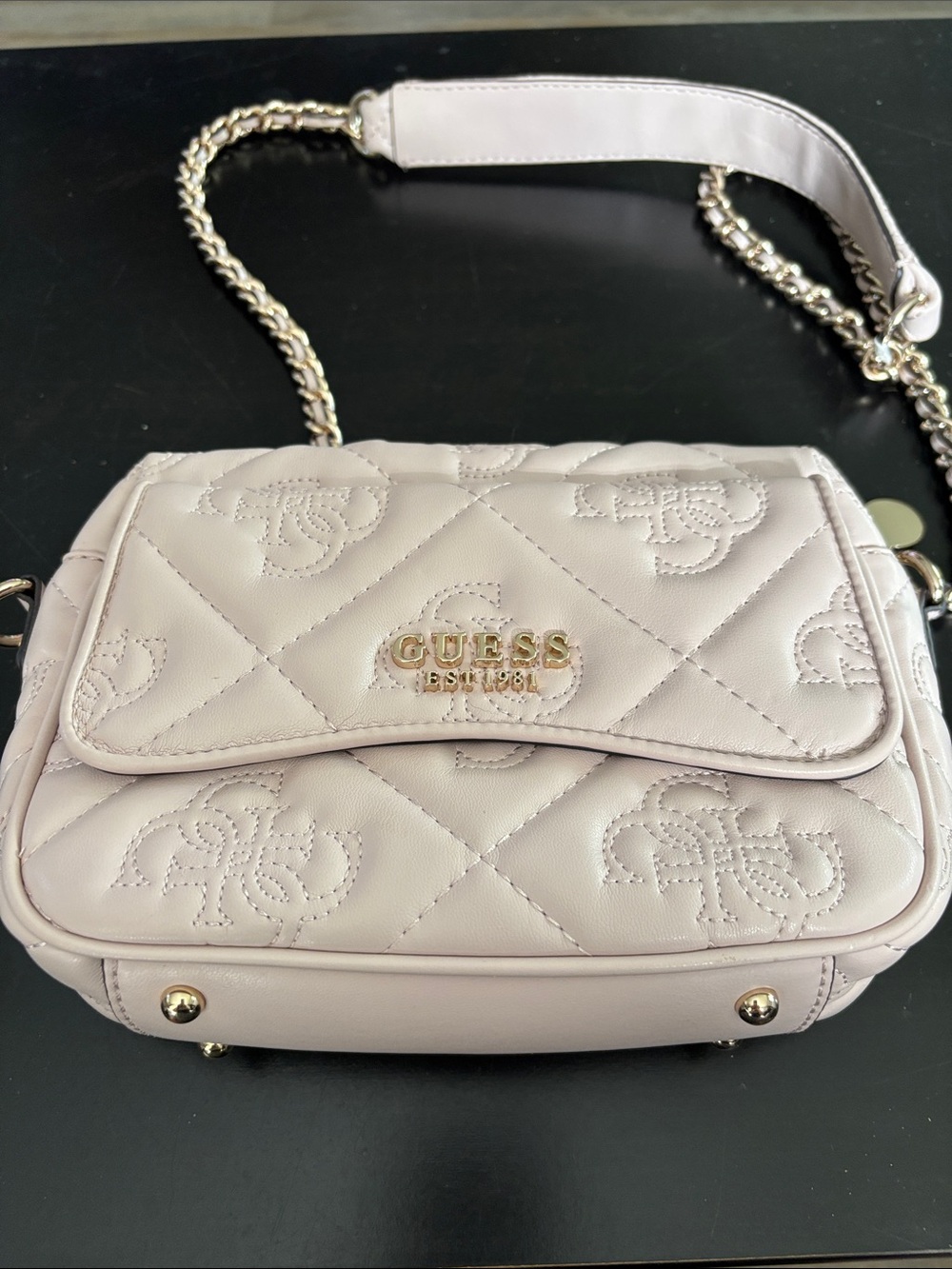 GUESS Pale Pink Quilted Logo Crossbody with Gold Chain